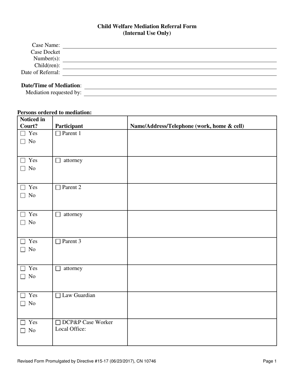 Form 10746 Child Welfare Mediation Referral Form - New Jersey, Page 1