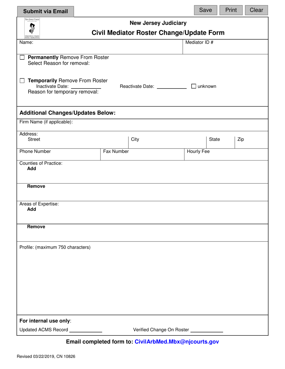 Form 10826 Civil Mediator Roster Change / Update Form - New Jersey, Page 1