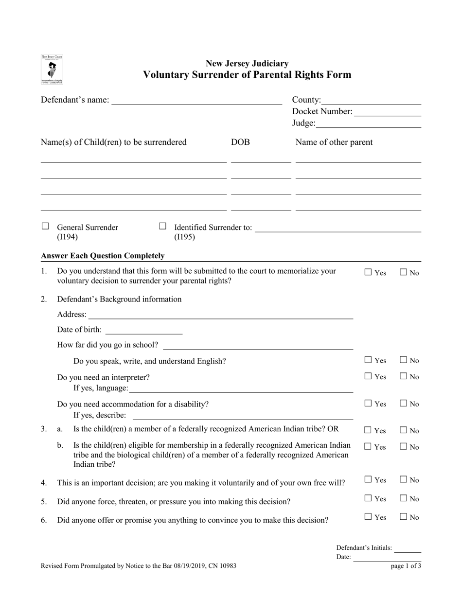 Form 10983 Voluntary Surrender of Parental Rights Form - New Jersey, Page 1