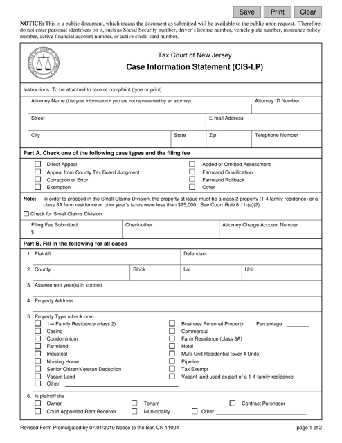 Document preview: Form 11004 Case Information Statement (Cis-Lp) - New Jersey