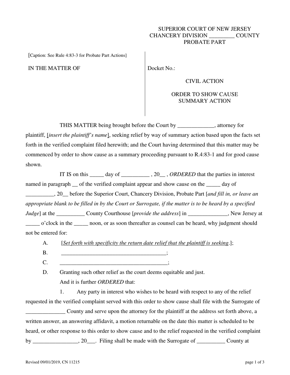 Form 11215 Order to Show Cause Probate Part Action - New Jersey, Page 1
