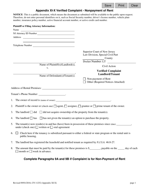 Form 11252 Appendix XI-X Verified Complaint Landlord - Tenant - New Jersey