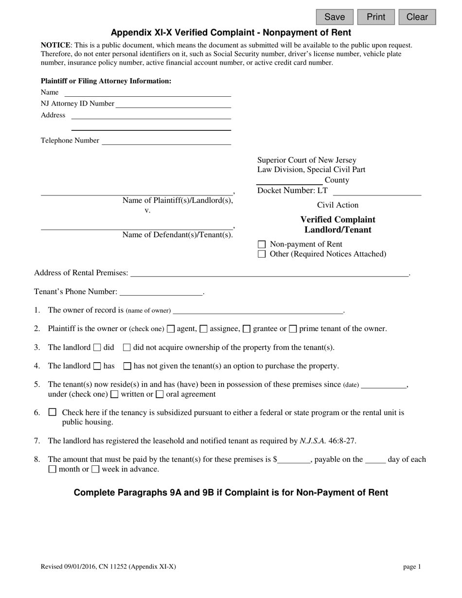 Form 11252 Appendix XI-X Verified Complaint Landlord - Tenant - New Jersey, Page 1