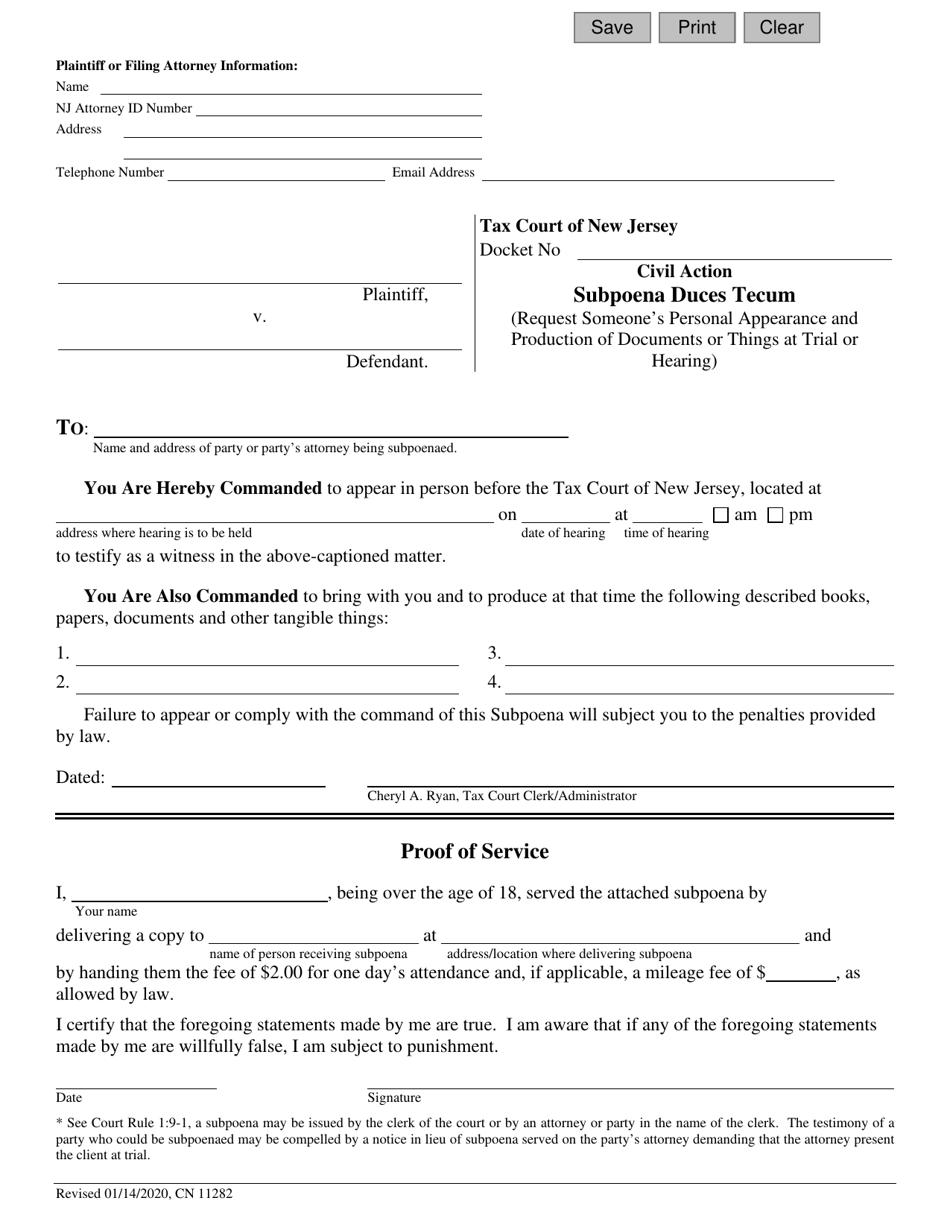Form 11282 Subpoena Duces Tecum - New Jersey, Page 1