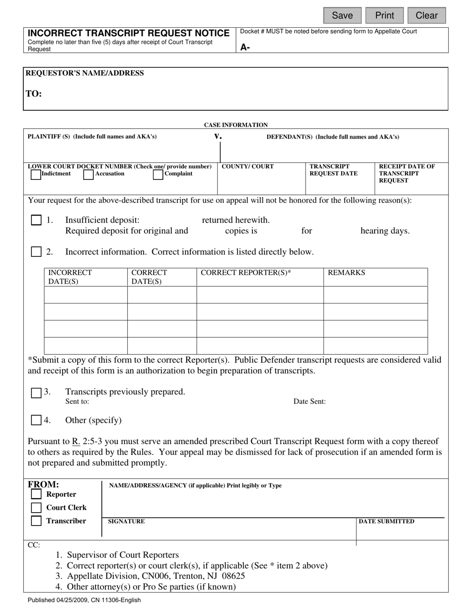 Form 11306 Incorrect Transcript Request Notice - New Jersey, Page 1
