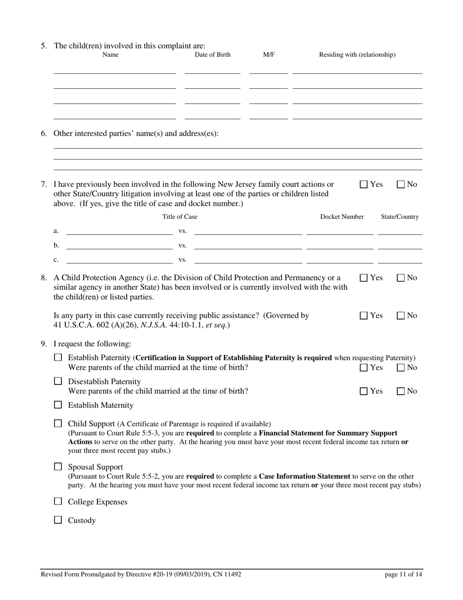 Form 11492 Non-divorce Application for Custody, Child / Spousal Support or Parenting Time (Visitation) - Non-dissolution fd Case - New Jersey, Page 11