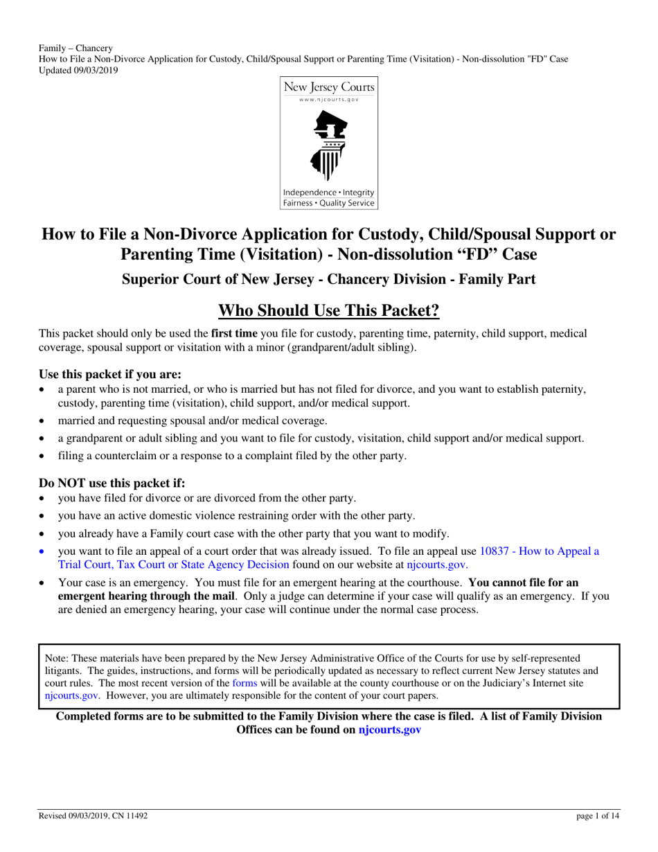 Form 11492 Non-divorce Application for Custody, Child / Spousal Support or Parenting Time (Visitation) - Non-dissolution fd Case - New Jersey, Page 1