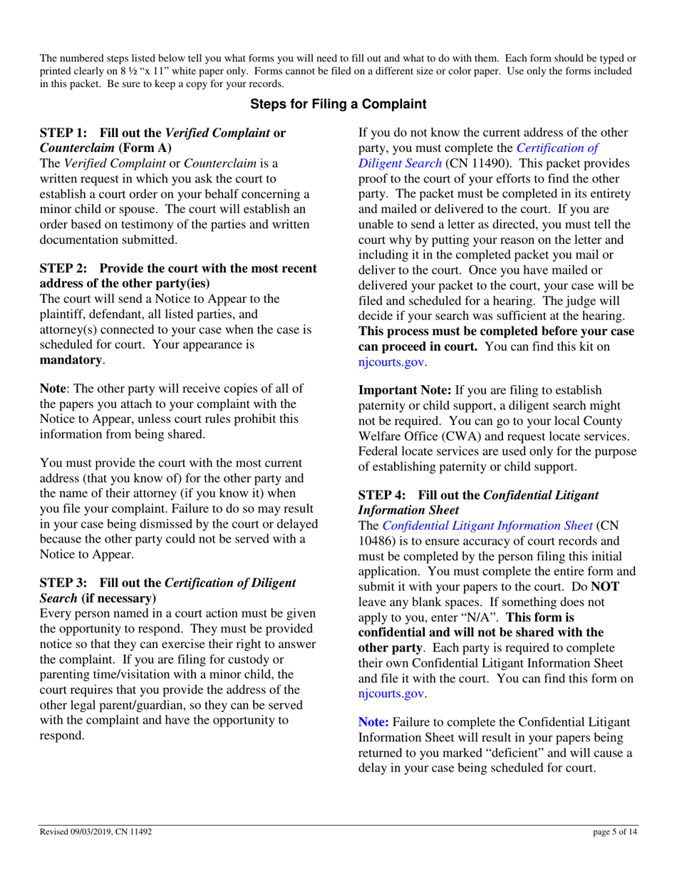Form 11492 Non-divorce Application for Custody, Child / Spousal Support or Parenting Time (Visitation) - Non-dissolution fd Case - New Jersey, Page 5