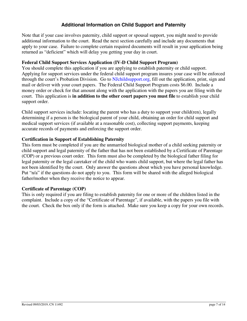 Form 11492 Non-divorce Application for Custody, Child / Spousal Support or Parenting Time (Visitation) - Non-dissolution fd Case - New Jersey, Page 7