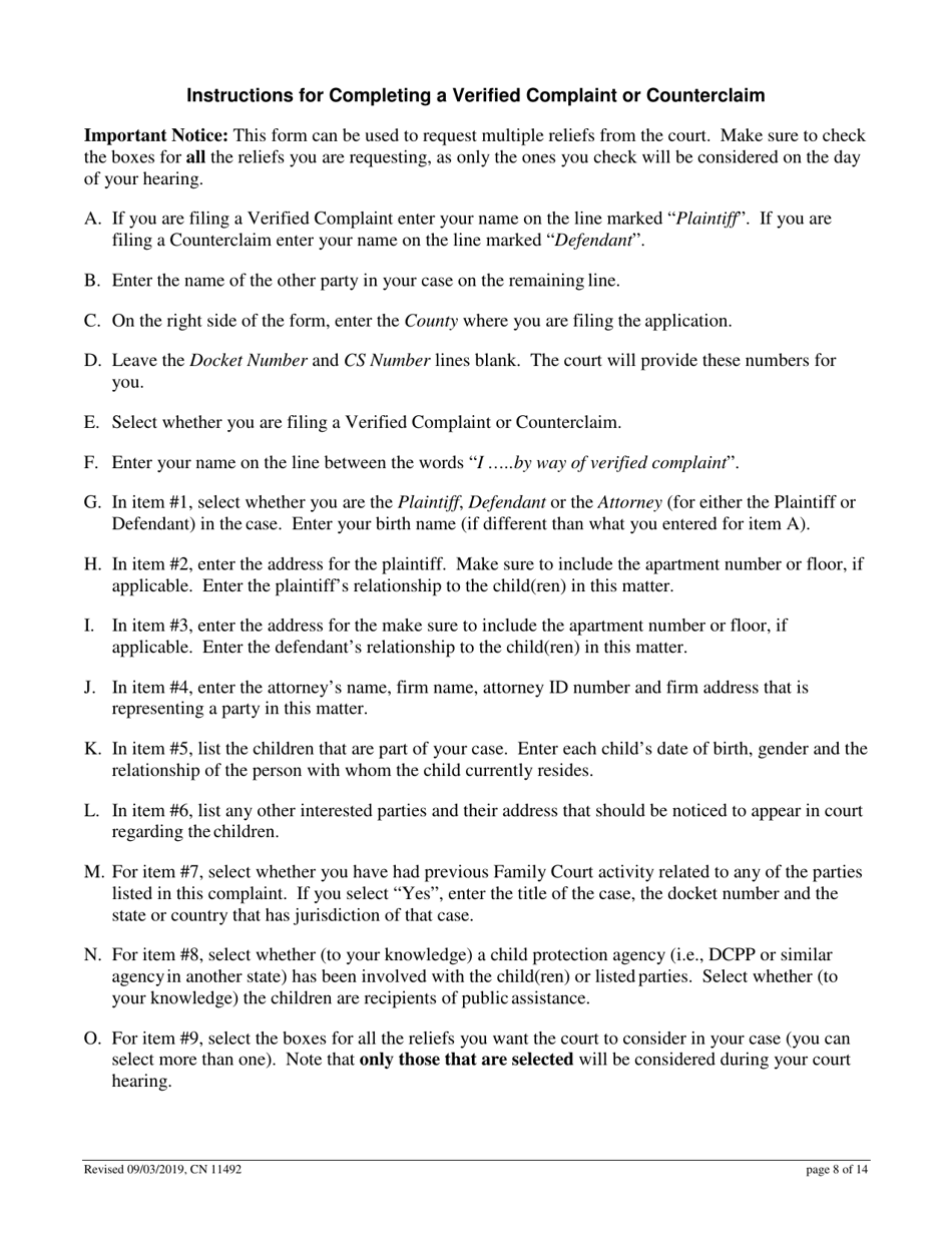 Form 11492 Non-divorce Application for Custody, Child / Spousal Support or Parenting Time (Visitation) - Non-dissolution fd Case - New Jersey, Page 8