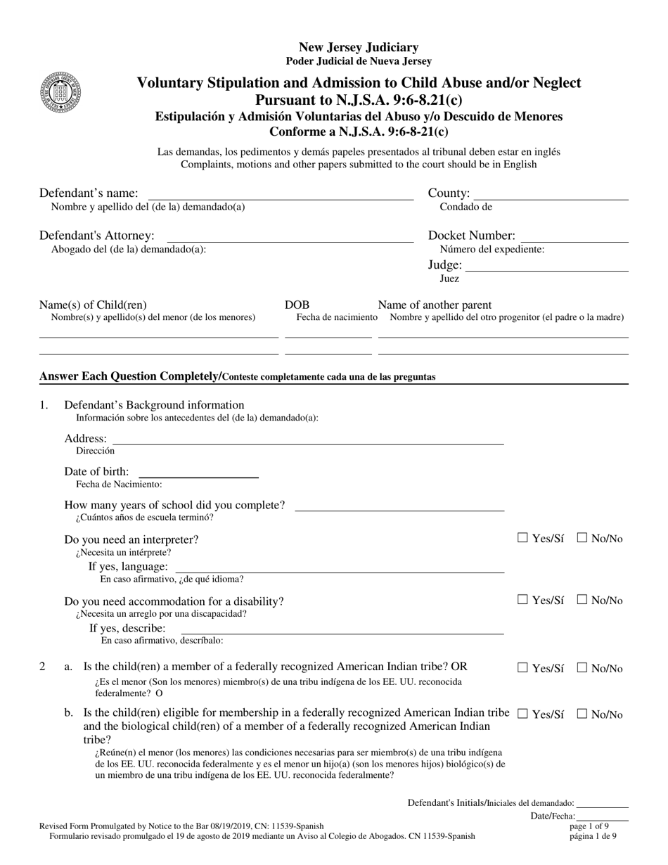 Form Download Printable Pdf Or Fill Online Voluntary Stipulation And Admission To Child Abuse And Or Neglect Pursuant To N J S A 9 6 8 21 C New Jersey English Spanish Templateroller