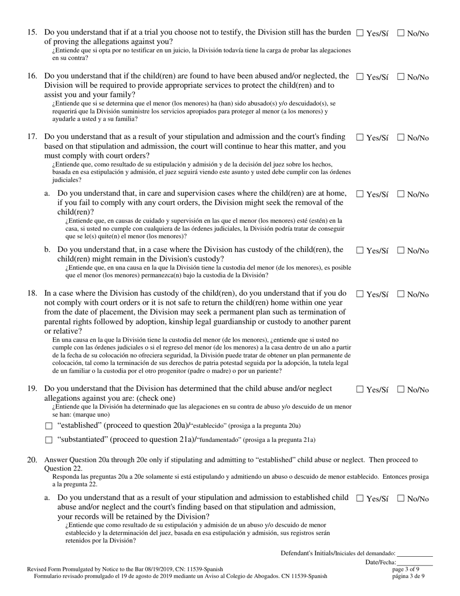 Form 11539 Voluntary Stipulation and Admission to Child Abuse and / or Neglect Pursuant to N.j.s.a. 9:6-8.21(C) - New Jersey (English / Spanish), Page 3