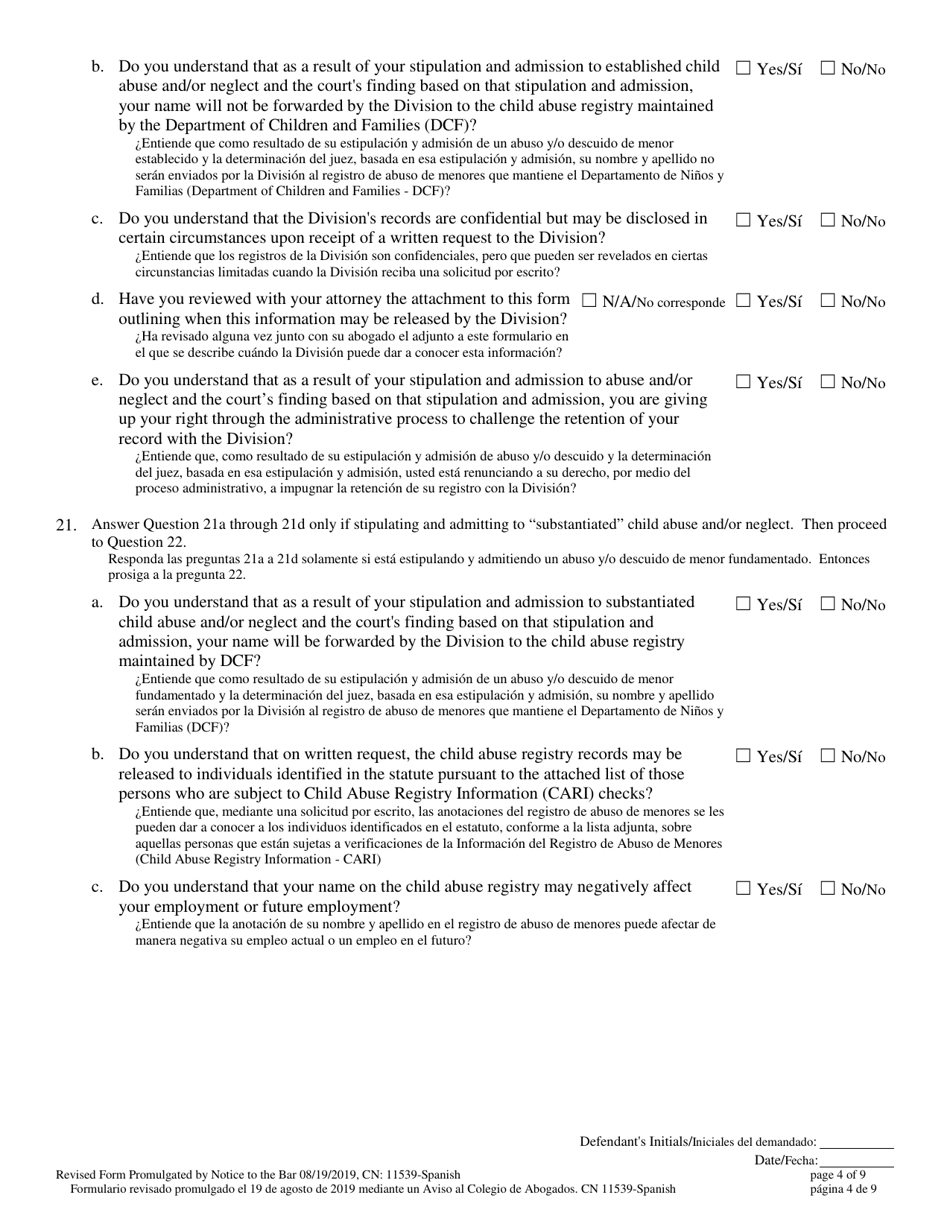 Form 11539 Voluntary Stipulation and Admission to Child Abuse and / or Neglect Pursuant to N.j.s.a. 9:6-8.21(C) - New Jersey (English / Spanish), Page 4