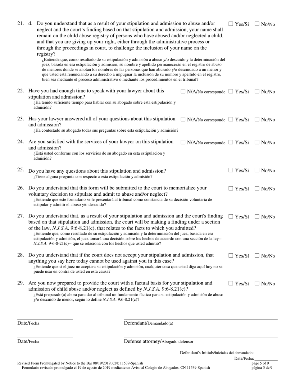 Form 11539 Voluntary Stipulation and Admission to Child Abuse and / or Neglect Pursuant to N.j.s.a. 9:6-8.21(C) - New Jersey (English / Spanish), Page 5
