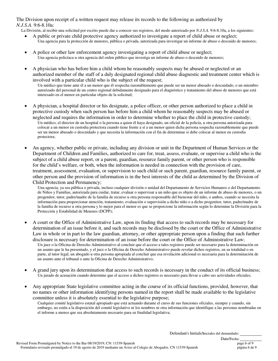 Form 11539 Voluntary Stipulation and Admission to Child Abuse and / or Neglect Pursuant to N.j.s.a. 9:6-8.21(C) - New Jersey (English / Spanish), Page 6