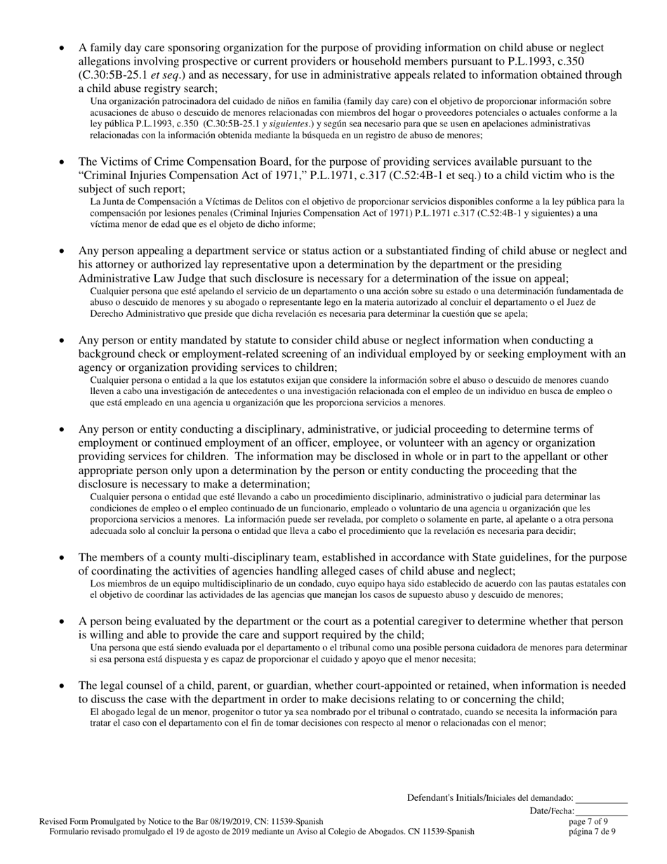Form 11539 Voluntary Stipulation and Admission to Child Abuse and / or Neglect Pursuant to N.j.s.a. 9:6-8.21(C) - New Jersey (English / Spanish), Page 7