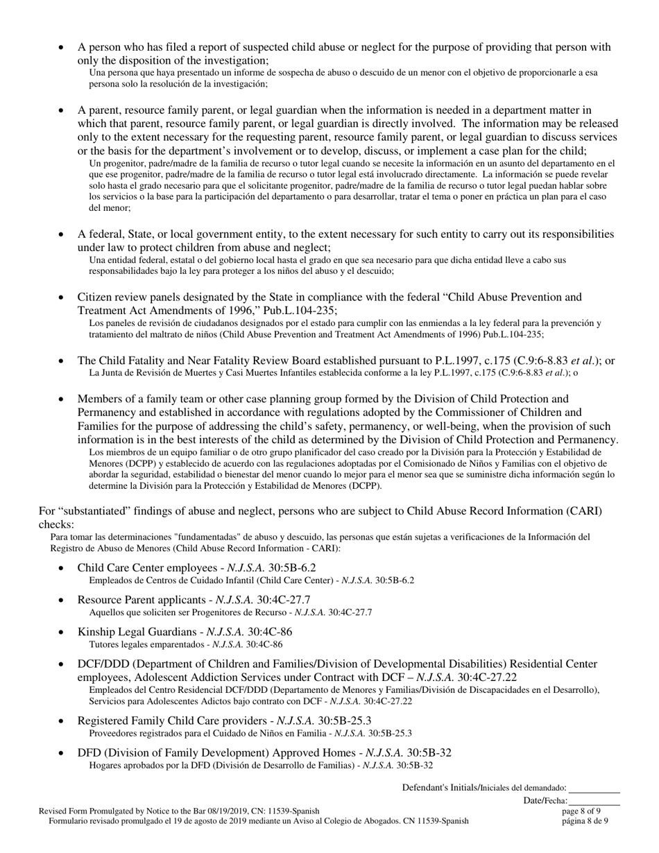Form 11539 Voluntary Stipulation and Admission to Child Abuse and / or Neglect Pursuant to N.j.s.a. 9:6-8.21(C) - New Jersey (English / Spanish), Page 8