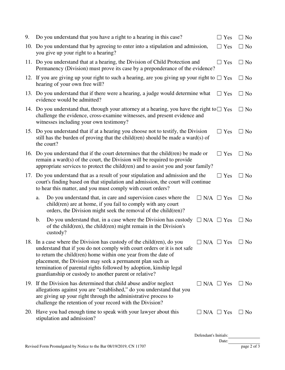 Form 11707 Voluntary Stipulation and Admission Pursuant to N.j.s.a. 30:4c-12 - New Jersey, Page 2