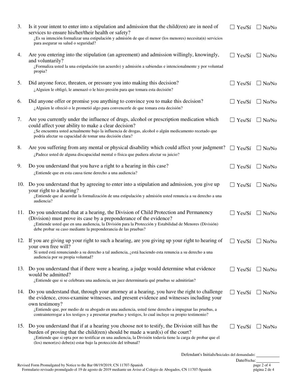 Form 11707 Voluntary Stipulation and Admission Pursuant to N.j.s.a. 30:4c-12 - New Jersey (English / Spanish), Page 2