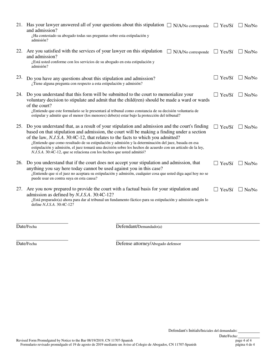 Form 11707 Voluntary Stipulation and Admission Pursuant to N.j.s.a. 30:4c-12 - New Jersey (English / Spanish), Page 4