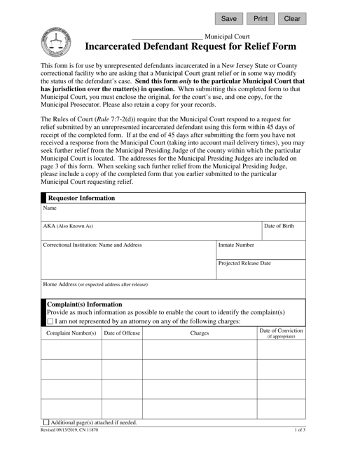 Form 11870 Incarcerated Defendant Request for Relief Form - New Jersey
