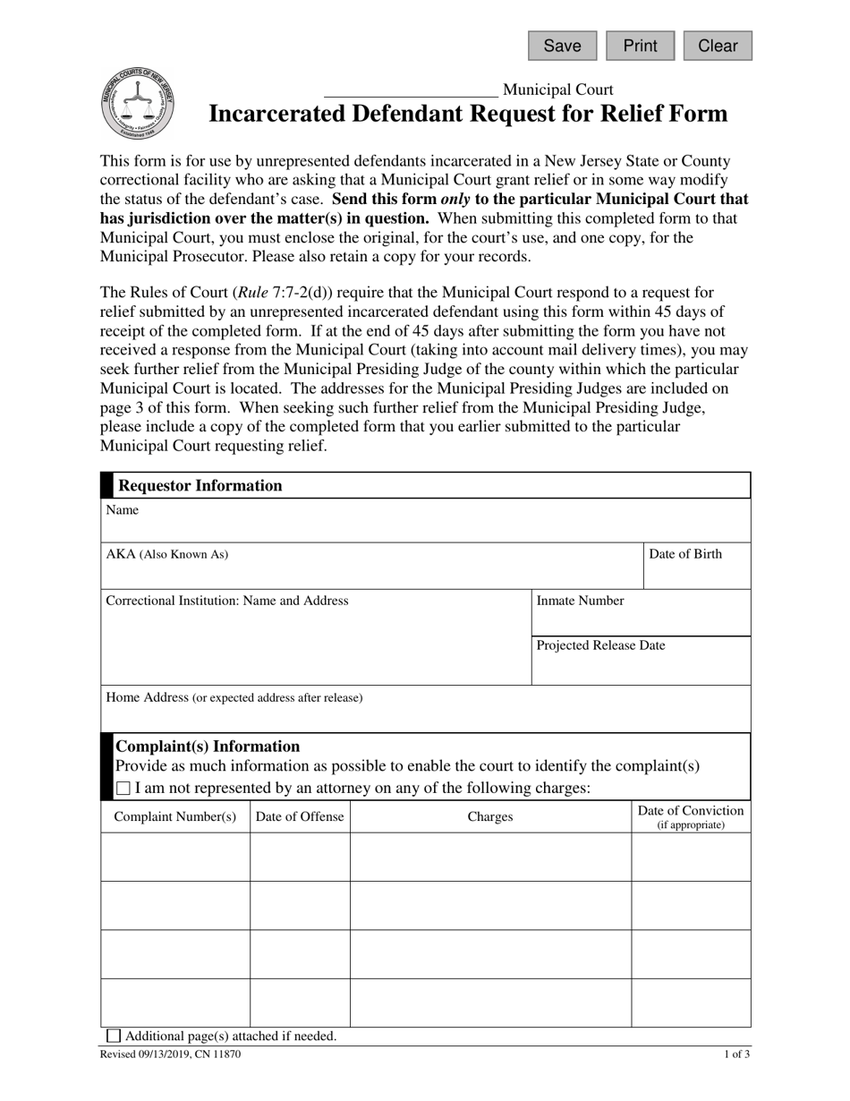 Form 11870 Incarcerated Defendant Request for Relief Form - New Jersey, Page 1