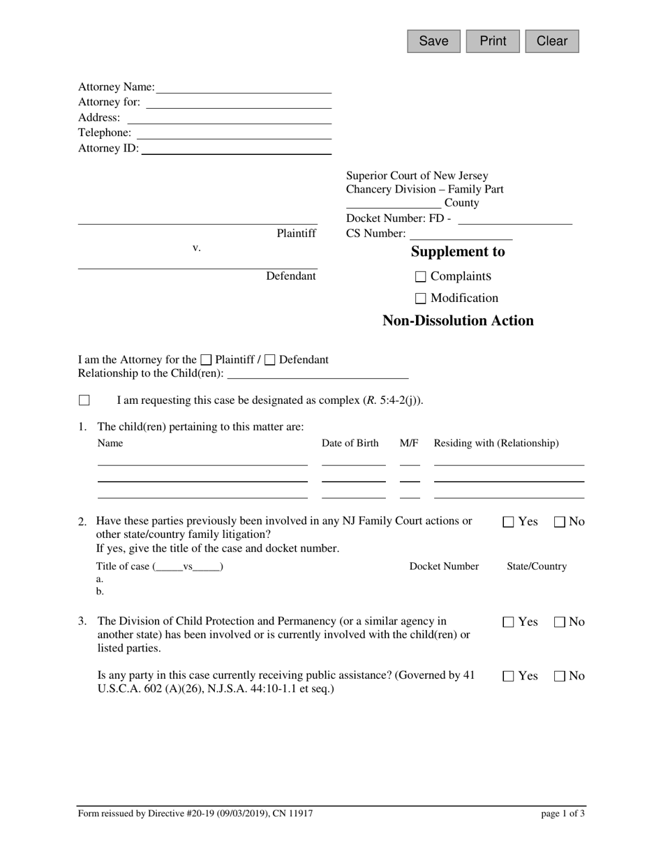 Form 11917 Attorney Supplement to Complaint / Modification - Non-dissolution Action - New Jersey, Page 1