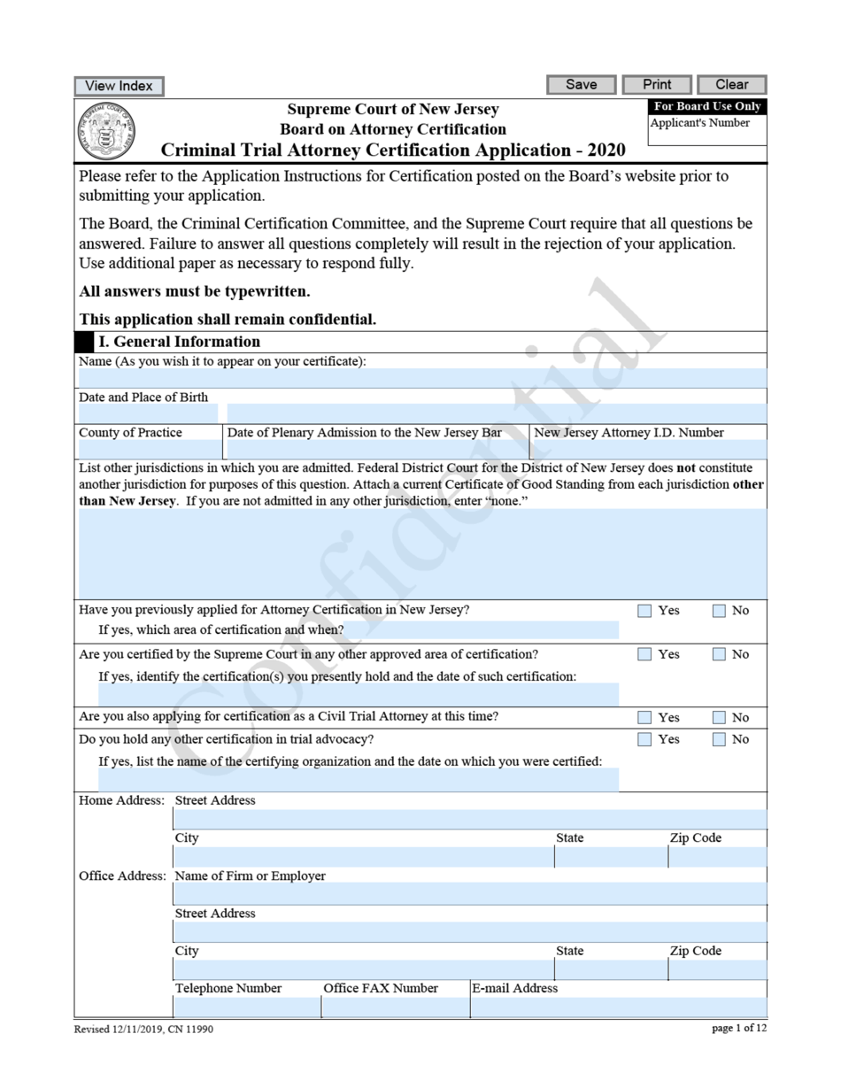 Form 11990 Criminal Trial Attorney Certification Application - New Jersey, Page 1