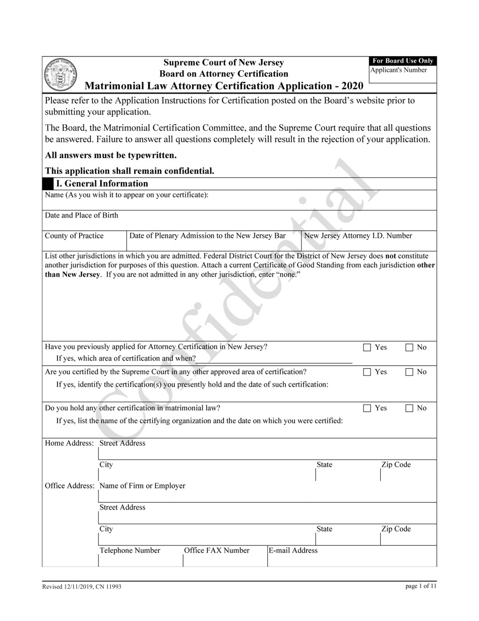 Form 11993 Matrimonial Law Attorney Certification Application - New Jersey, Page 1