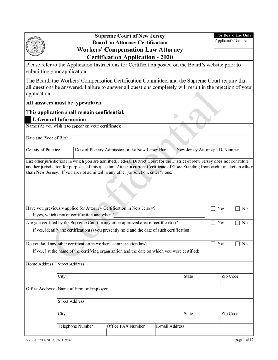 Form 11994 Workers Compensation Law Attorney Certification Application - New Jersey, Page 1