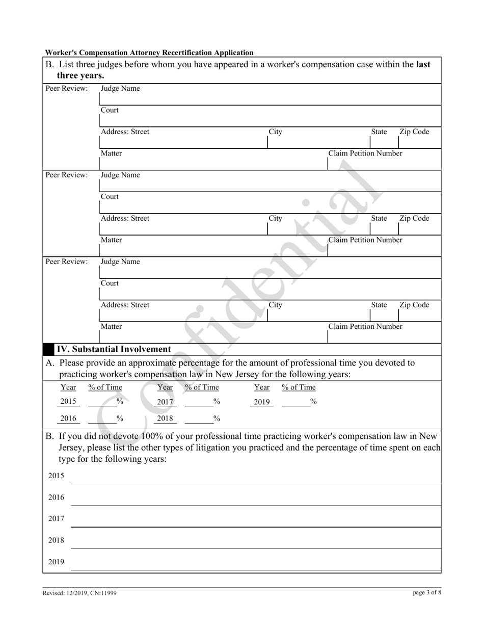Form 11999 Workers Compensation Law Attorney Recertification Application - New Jersey, Page 3