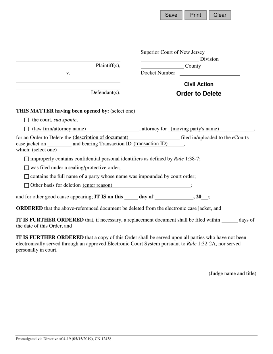 Form 12438 Order to Delete - New Jersey, Page 1