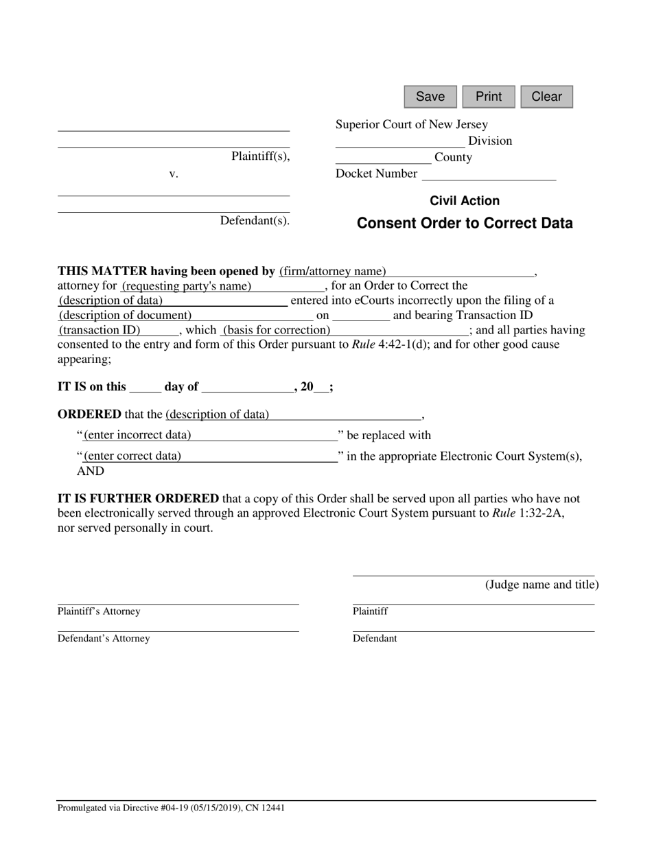 Form 12441 Consent Order to Correct Data - New Jersey, Page 1