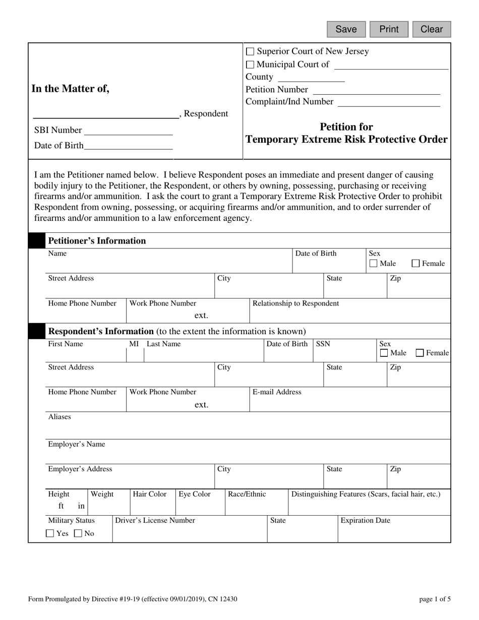 Form 12430 Petition for Temporary Extreme Risk Protective Order - New Jersey, Page 1