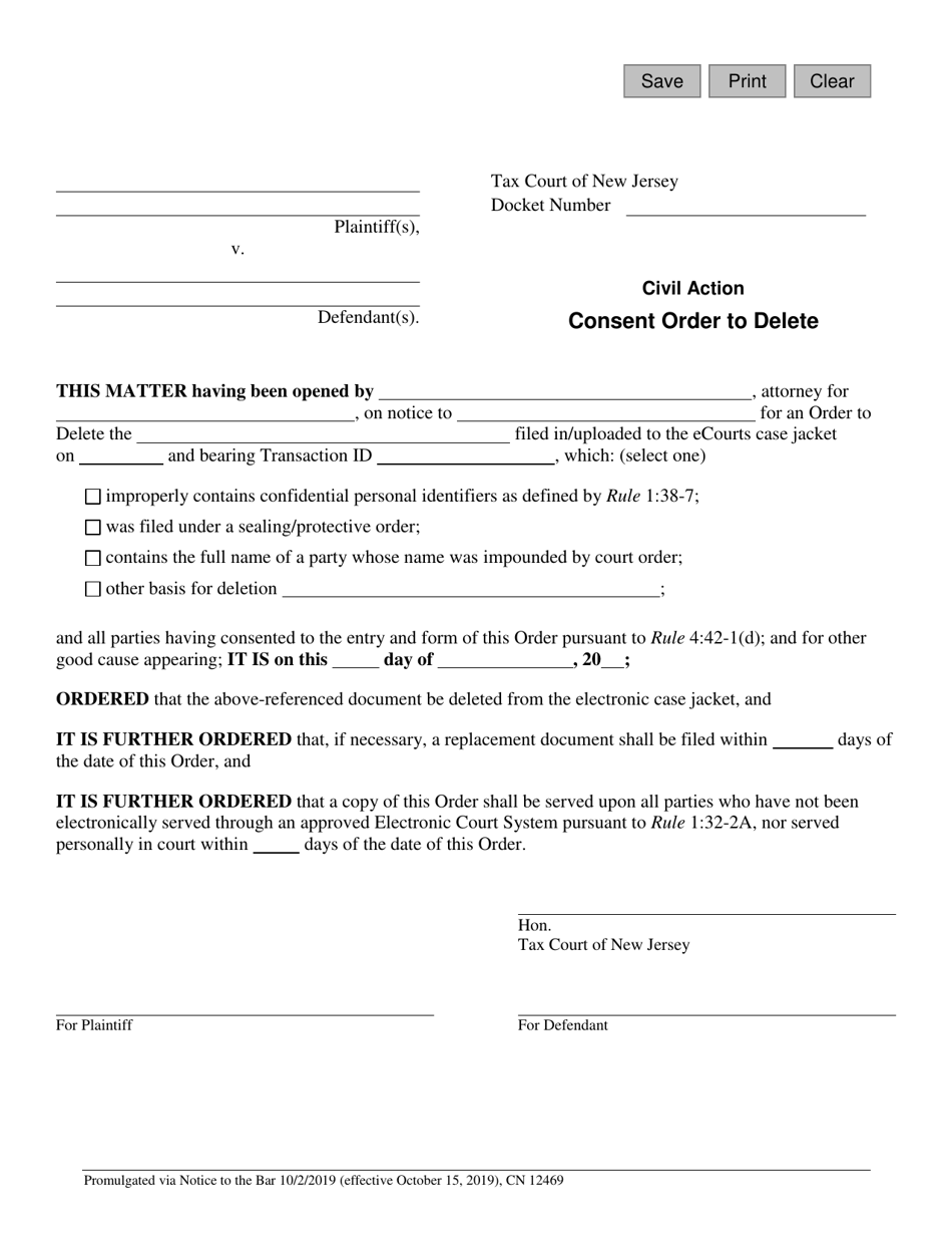 Form 12469 Consent Order to Delete Data - New Jersey, Page 1