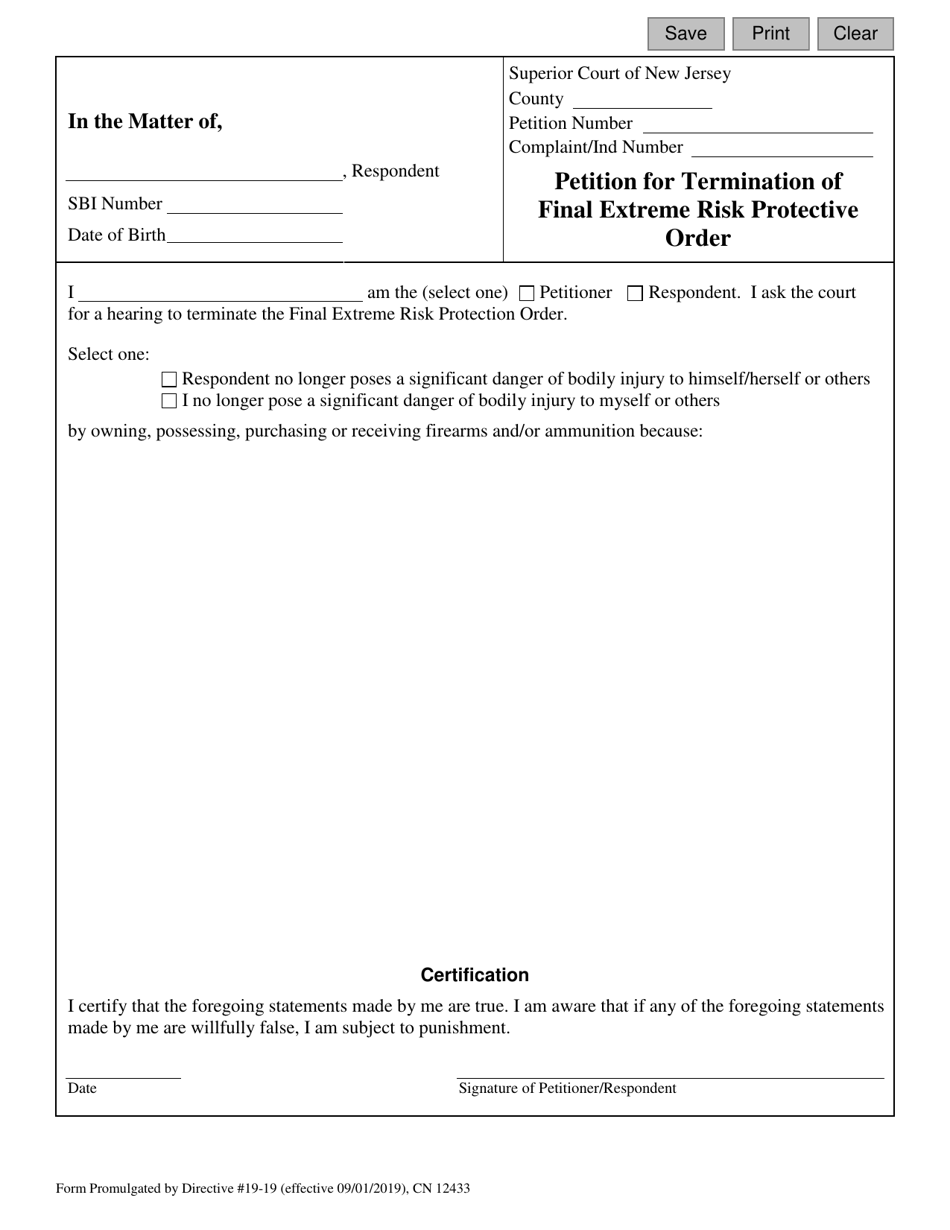 Form 12433 Petition for Termination of Final Extreme Risk Protective Order - New Jersey, Page 1