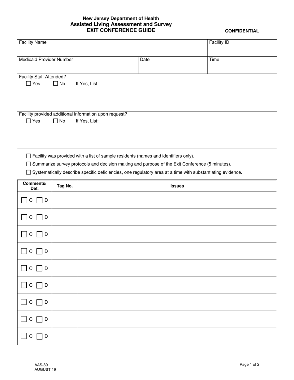 Form AAS-80 Assisted Living Assessment and Survey Exit Conference Guide - New Jersey, Page 1