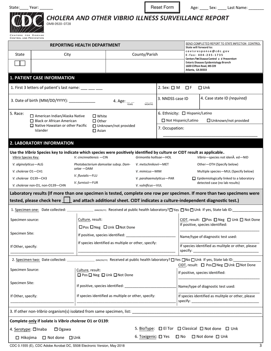 Form CDC0.1555 Cholera and Other Vibrio Illness Surveillance Report, Page 3