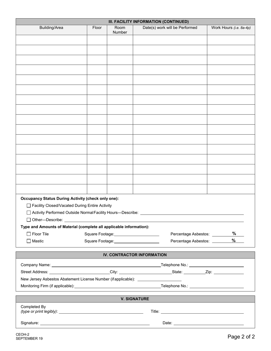 Form CEOH-2 Notification of Non-friable Vinyl Asbestos Tile Work Activities - New Jersey, Page 2