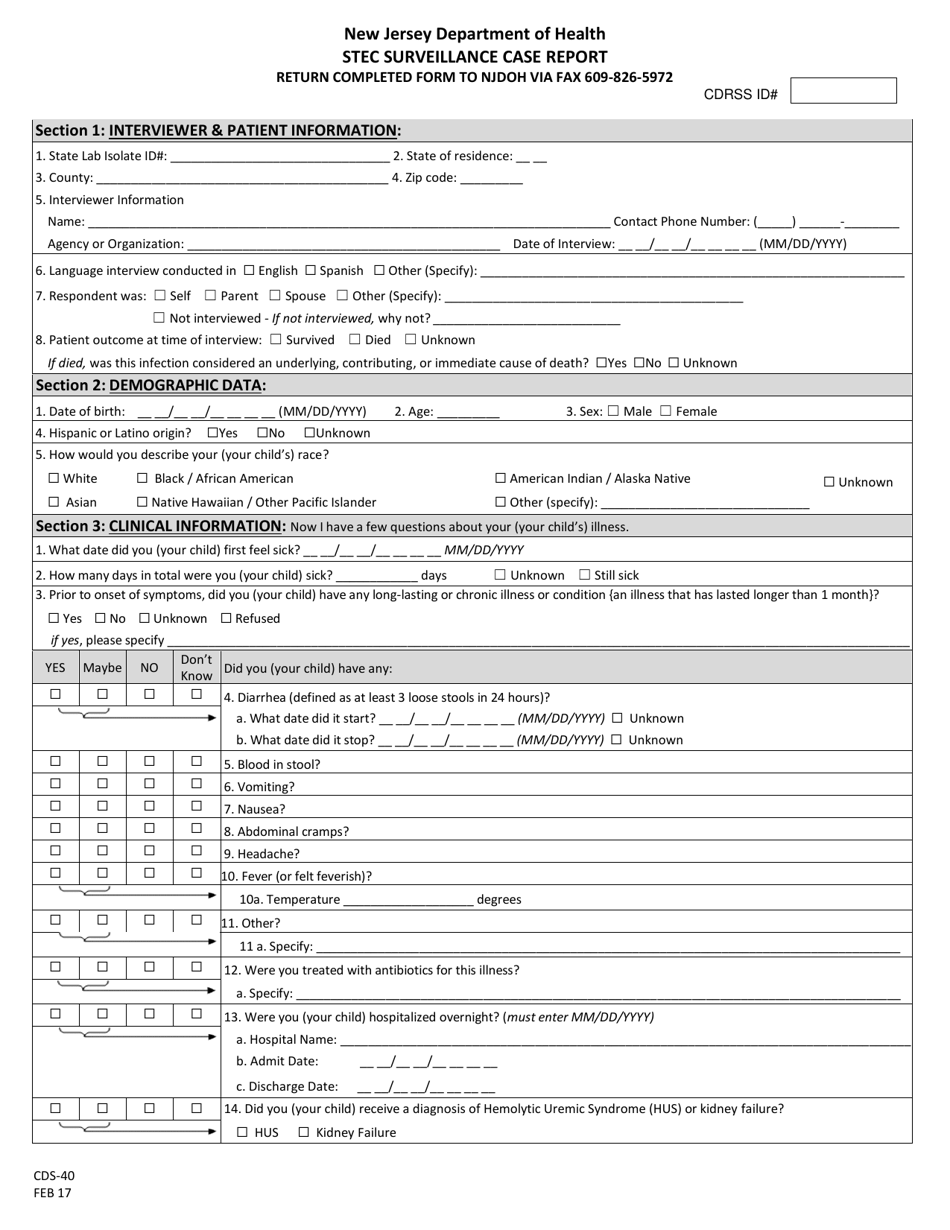 Form CDS-40 Stec Surveillance Case Report - New Jersey, Page 1