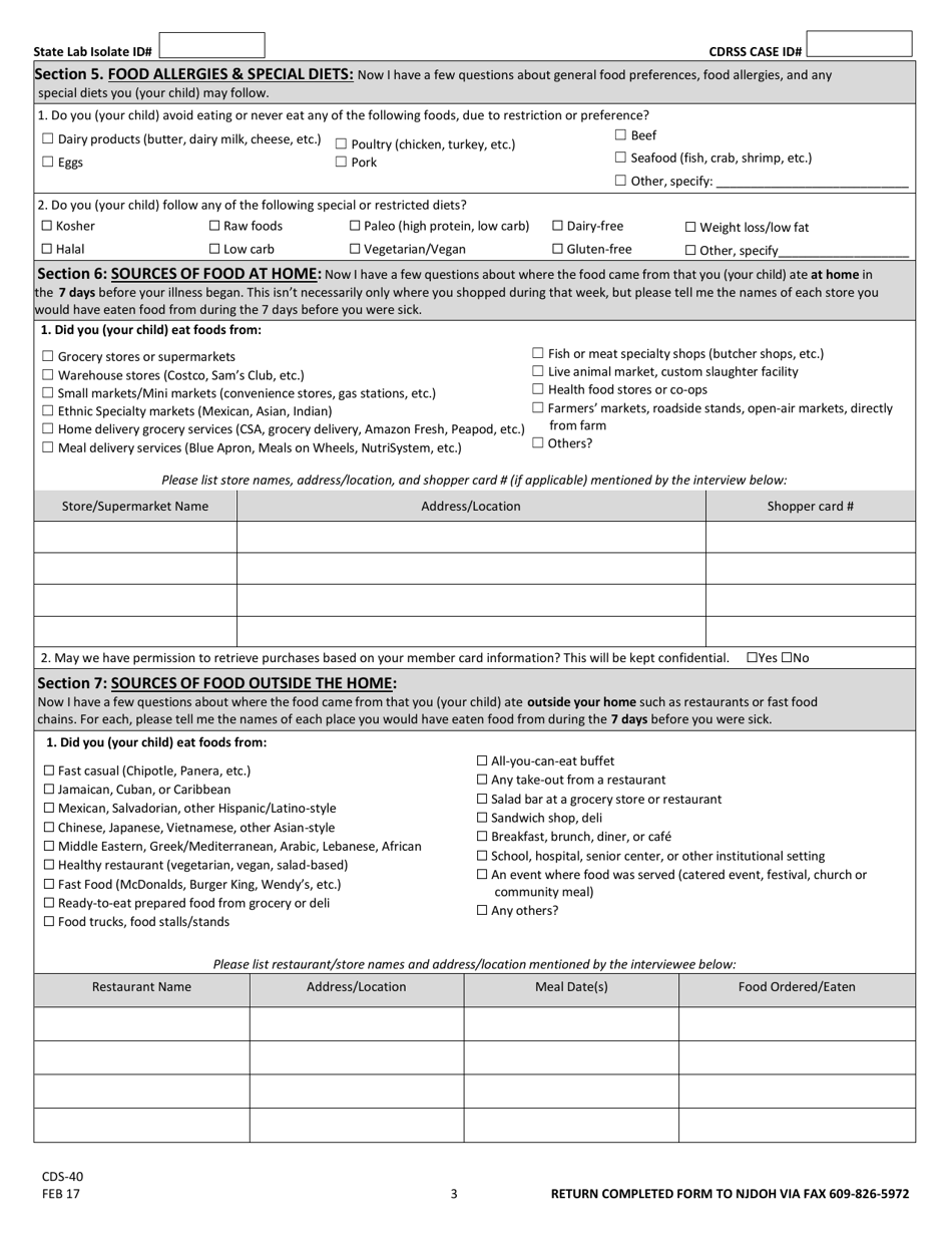 Form CDS-40 Stec Surveillance Case Report - New Jersey, Page 3