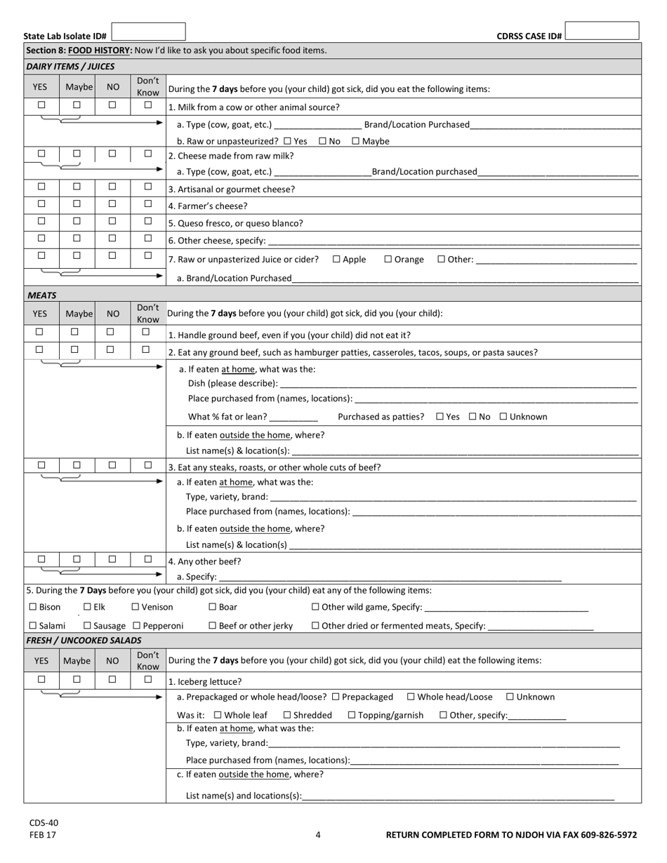 Form CDS-40 Stec Surveillance Case Report - New Jersey, Page 4