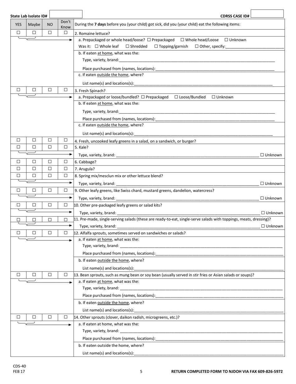 Form CDS-40 Stec Surveillance Case Report - New Jersey, Page 5