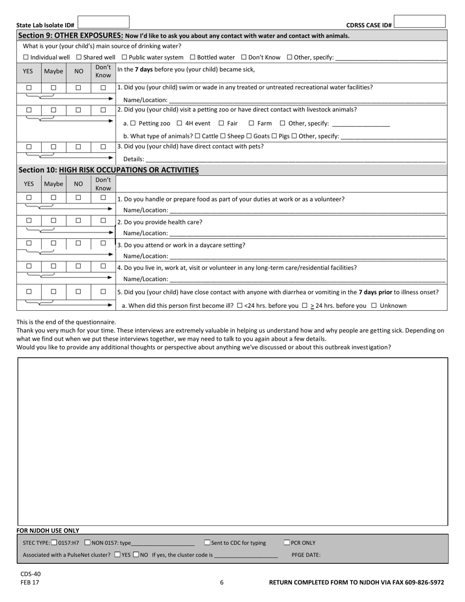 Form CDS-40 Stec Surveillance Case Report - New Jersey, Page 6