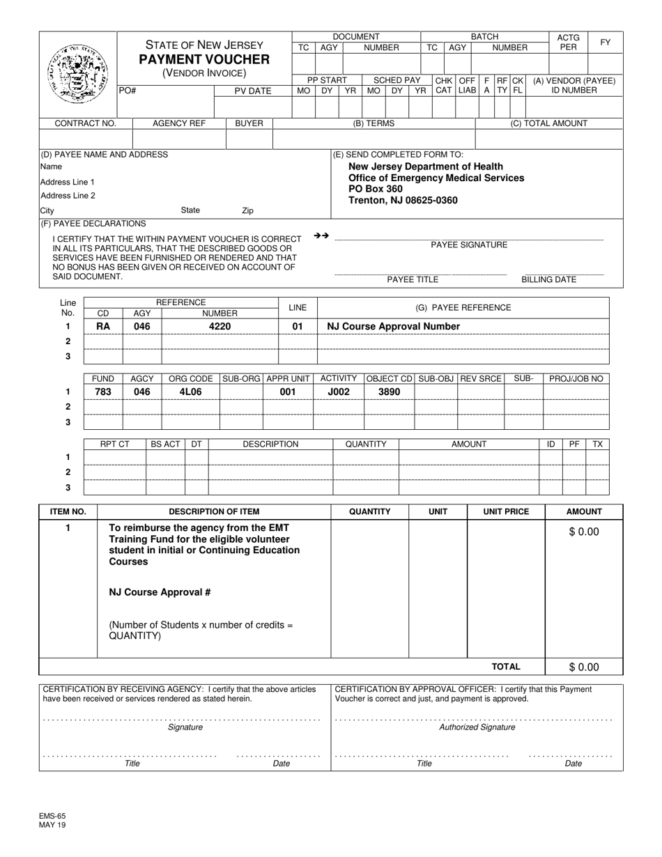 Form EMS-65 Emt Training Fund Payment Voucher - New Jersey, Page 1