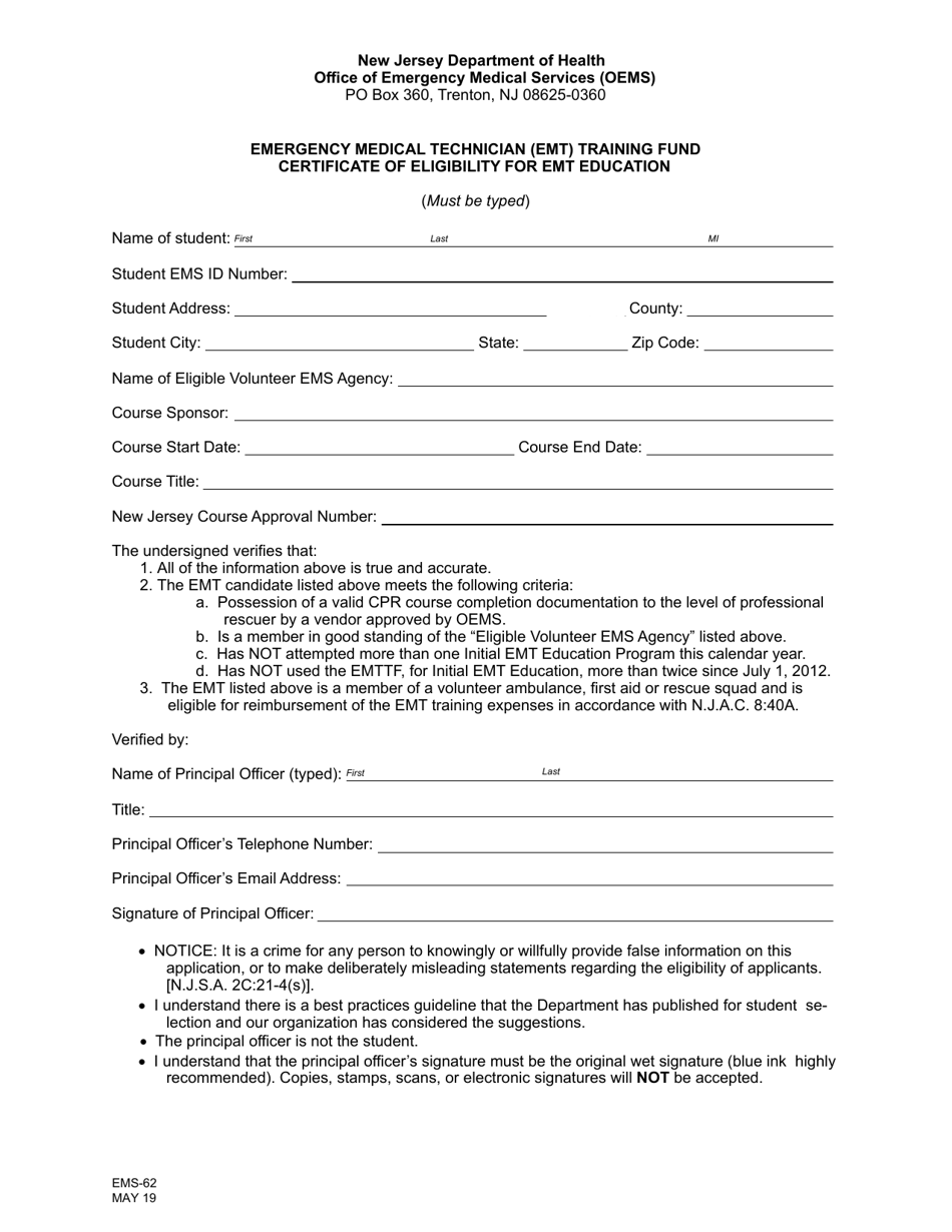 Form EMS-62 Emergency Medical Technician (Emt) Training Fund Certificate of Eligibility for Emt Education - New Jersey, Page 1