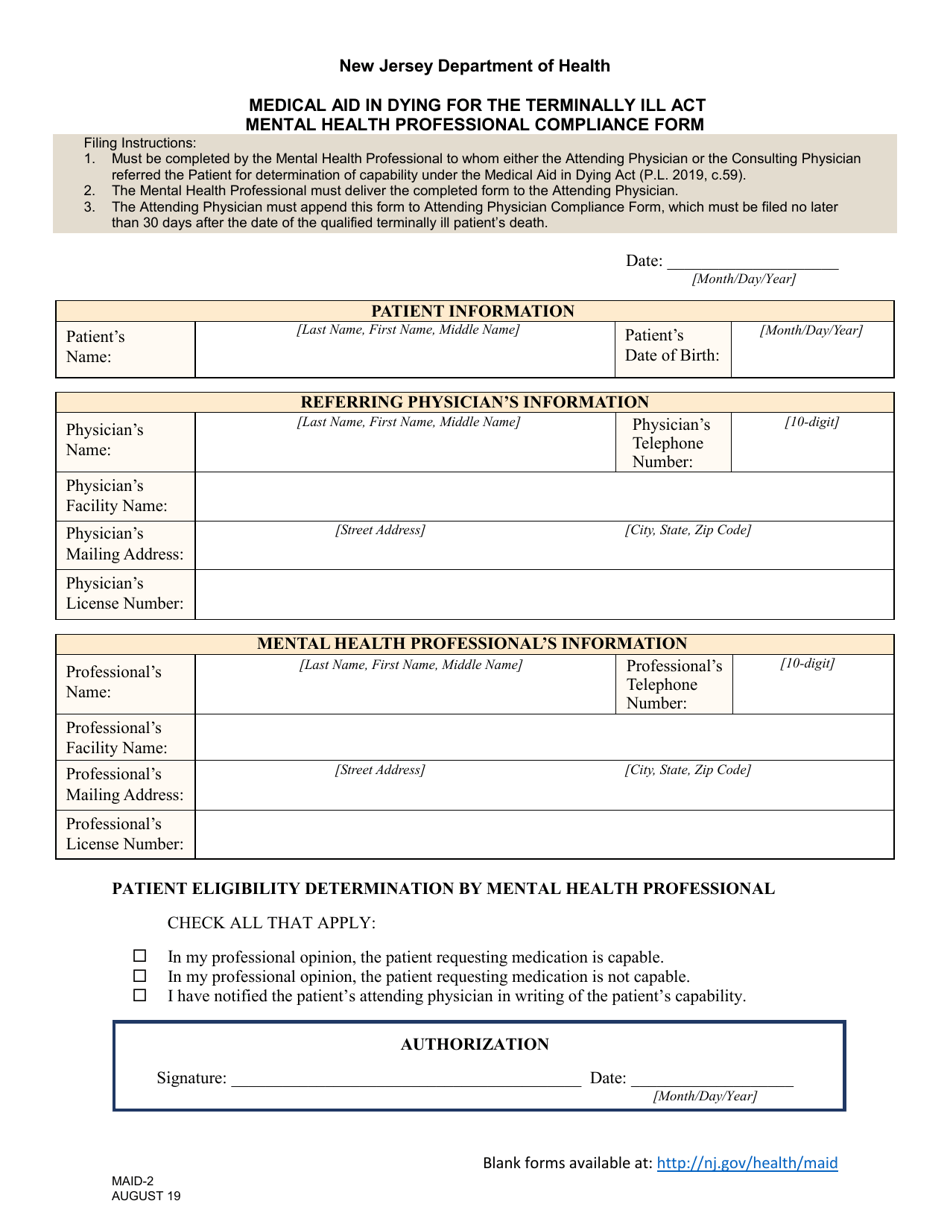 Form MAID-2 Mental Health Professional Compliance Form - New Jersey, Page 1