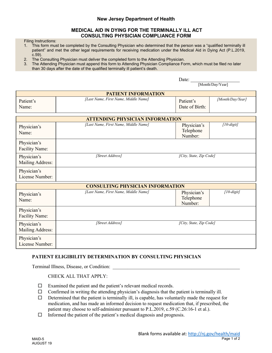 Form MAID-5 Consulting Physician Compliance Form - New Jersey, Page 1