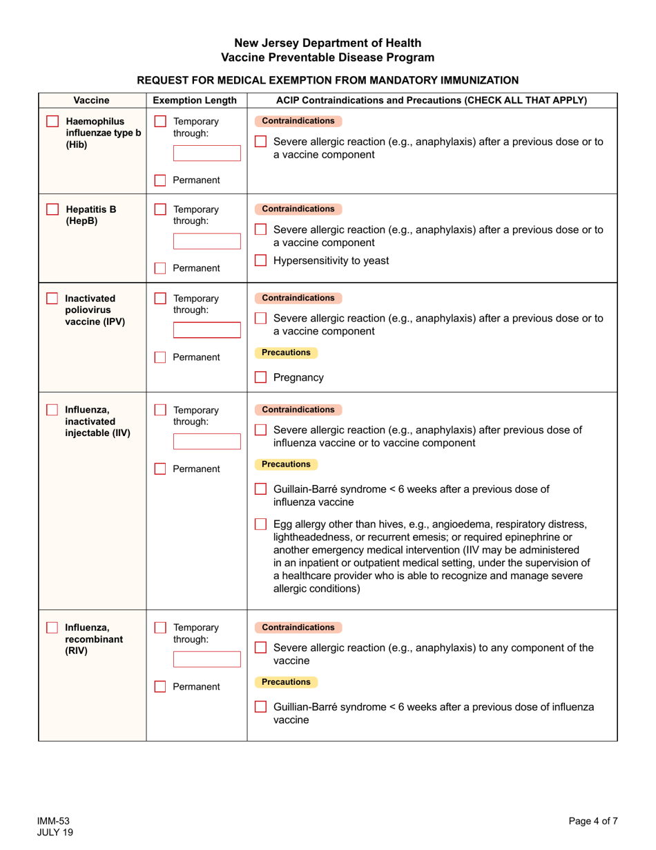 Form IMM-53 Request for Medical Exemption From Mandatory Immunization - New Jersey, Page 4