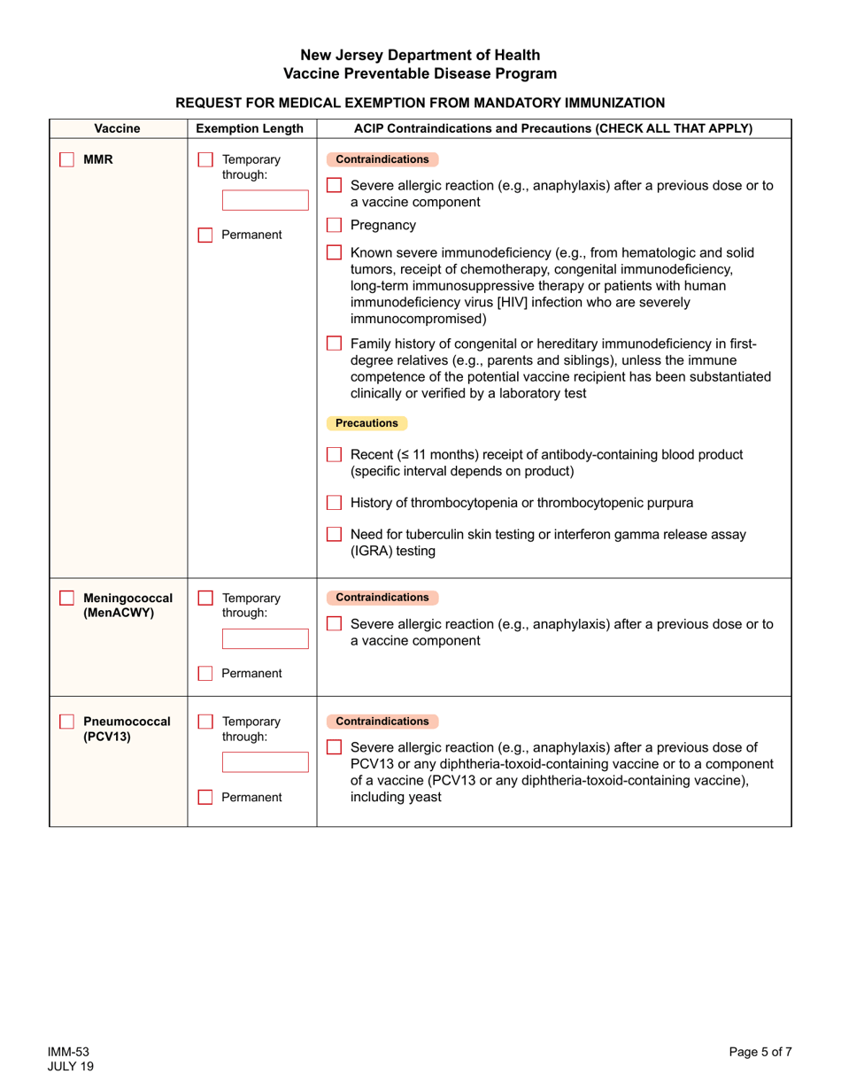 Form IMM-53 Request for Medical Exemption From Mandatory Immunization - New Jersey, Page 5